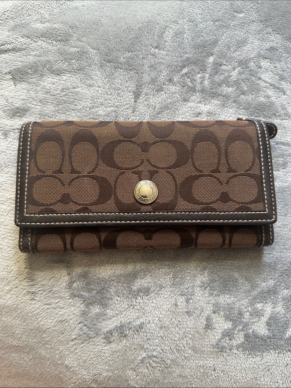 Coach Brown Signature Jacquard Wallet with Turnlock Medallion